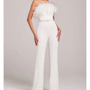 NADINE MERABI White Feather-Trim Strapless Jumpsuit